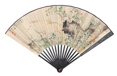 王雪涛 叶尔衡 辛巳（1941年）作 草虫 书法 成扇